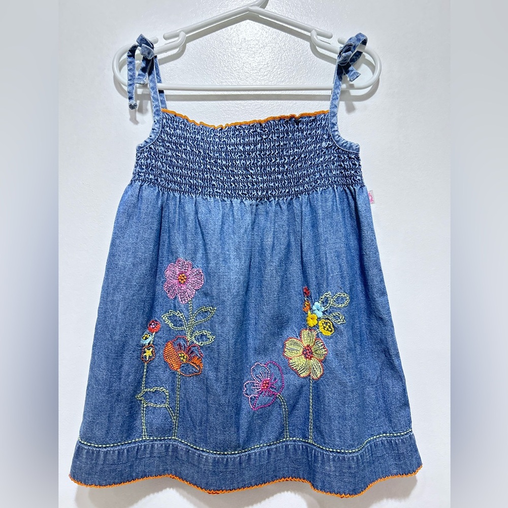 Vintage Oshkosh B’Gosh Denim Jumper Dress w/ Flower Embroidery Cotton‎ Size 18M